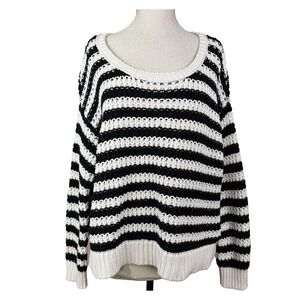 Free People At The Beach Sweater Womens L Black Stripe Open Knit Oversized Boho